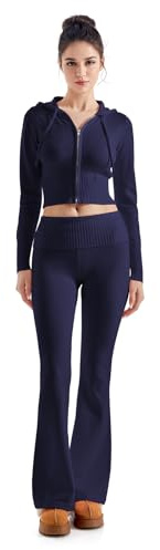 SUUKSESS Women 2 Piece Knit Sets Cropped Zip Up Hoodie Foldover Flare Leg Pants(Navy Blue, M)