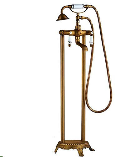Shower Freistehender Badewannen-Wasserhahn, Antik-Messing, bodenmontiertes Wannenfüller-Set, multifunktionale Doppelgriff-Badewannen-Dusch-Mischbatterien mit Handbrause, mit kaltem und heißem Wasser,