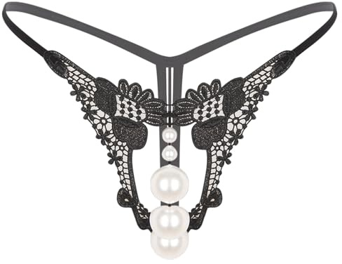 inhzoy Tangas à Perle pour Femmes Broderie sous-vêtements Thong Ficelle Lingerie G-String Culotte de Nuit Noir A XL