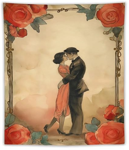 Wandteppich im Vintage-Stil mit nostalgischem Motiv „Dame und Gentleman, rote Rosen, Polyester, modern, ästhetisch, Wandbehang, für Zuhause, Schlafzimmer, Wohnzimmer, Wohnheim, Dekostoff, 127 x 152 cm