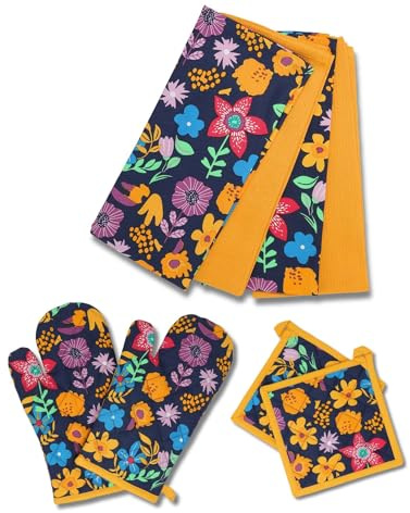 gws 8-teiliges Küchen-Set, Blumen – Safran – 1 Paar Ofenhandschuhe, 1 Paar Topflappen und 4 Geschirrtücher, 100% Baumwolle, hitzebeständig und waschbar