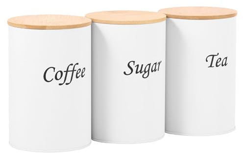GUIJZSLTRG Lot de 3 boîtes métal thé café sucre, couvercles bambou hermétiques, pots rangement décoratifs empilables espace maison cuisine