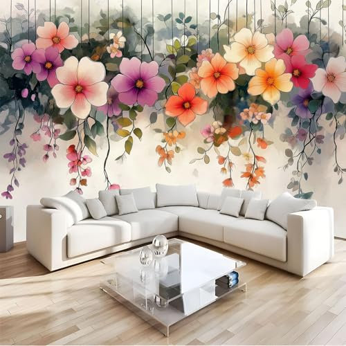 Carta da Parati Panoramica Caduta Fiori 3D Seta, 300Lx210A Cm - Carta da Parati A Fiori Acquerellati, Grandi Murali Poster Per Soggiorno, Camera da Letto, Adulto E Studio
