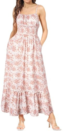 GRACE KARIN Vestido sin mangas de flores para mujer, maxivestido casual, vestido cami, estilo bohemio, con tirantes, smocked, vestido de cóctel, con volantes, vestido de ocio, vestido de playa, M