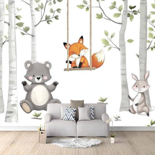 Generico Fotomurale 3D Carta Da Parati Animali Del Bosco Dei Cartoni Animati Bianco 300 x 210 cm Carta Da Parati Camera Letto Moderna Fotomurali Murales Poster Gigante Moda Decorazione Da Muro
