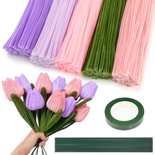 CC ODDHOME 500 Stück Pfeifenreiniger Blumen Set, 5 Farben - 30cm Pfeifenputzer zum Basteln, mit 20 Stück Blütenstiel und Schleifenband, für DIY Blumenstrauß Geschenk, für Mama, Freundin