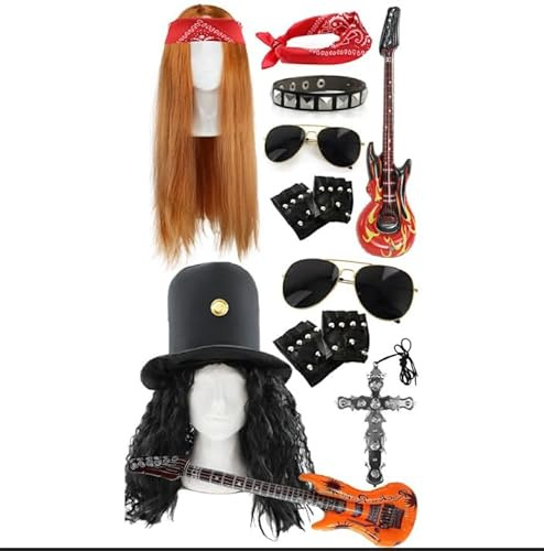 Rockstar Duo Costume Set – 80s Wig, Hat with Hair, Red Paisley Bandana, Aviator Sunglasses, Cross Necklace, Inflatable Guitar, Biker Gloves & Bracelet – Guitar Legend Fancy Dress