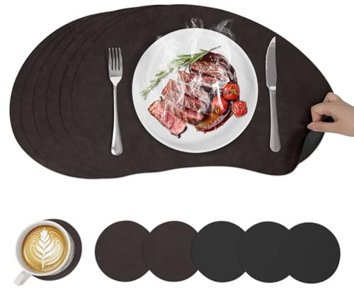 6er Set Tischsets abwaschbar und Untersetzer, Große Mango hitzebeständig Leder-Imitat beidseitige Tischunterlage Esstisch Deko Outdoor Platzsets 50x32cm, Kaffee+Schwarz