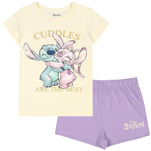 Disney Stitch Angel Pyjama pour Fille en Coton à Manches Courtes, pour L'ÉTÉ, Deux pièces, 100% Coton, Oeko-TEX (FR/ES, Numérique, 104, Taille Normale, Violet-crème)