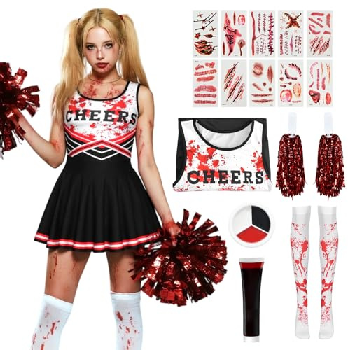 Antsparty Cheerleader Kostüm Halloween Damen, Cheerleader Zombie Kostüm mit Pompons Socken und Tattoo-Aufkleber, Horror Campus Cosplay für Halloween