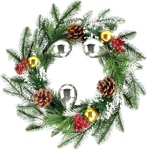 Zavothy Ghirlanda natalizia da 45 cm, ghirlanda artificiale con pigne e palline di Natale, corona dell'Avvento, decorazione natalizia, decorazione per porta di casa, verde e argento