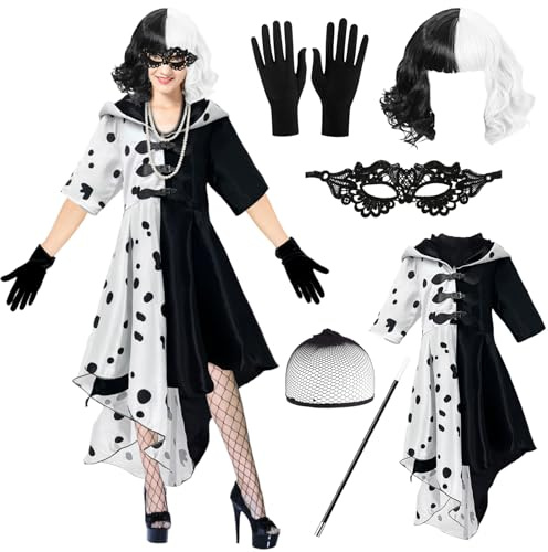 8 stycken Cruella djävul kostym damset, huvrock kofta med peruk mask handskar pärlhalsband och lång stång, svart vit dalmatinklänning för karneval cosplay halloween fest karneval