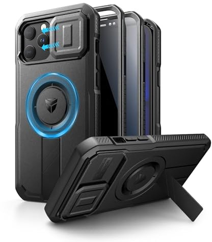 Dexnor Coque pour iPhone 13 Pro Max/12 Pro Max avec Cache-Appareil Photo Coulissant, Support Réglable et Protecteur Décran Confidentialité, Housse de Protection Magnétique Ultra-Résistante - Noir