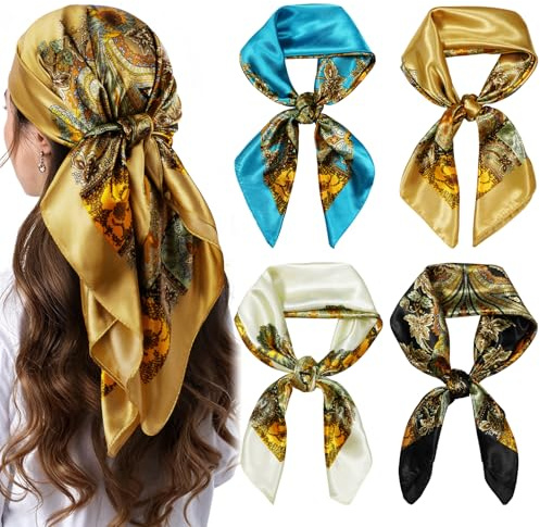 AOOSA Bandana, stora fyrkantiga halsdukar för kvinnor, grafiskt tryck sidenduk, elegant satin huvudduk för lämplig hårduk halsduk hårsmycke näsduk, present till kvinnor, 4 stycken – Retro B – 90 x 90