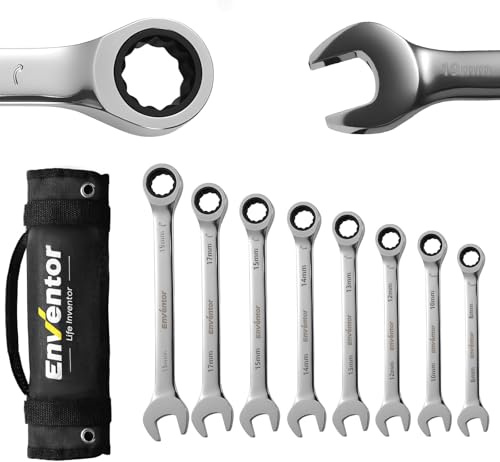 Enventor Llaves Fijas con Carraca de 8 Piezas, Juego de Llaves Combinadas con Carraca Métrico 8mm a 19mm, Acero Cromo Vanadio, 72 Dientes, Cabezal Fijo, Arco de Giro de 5°, Bolsa