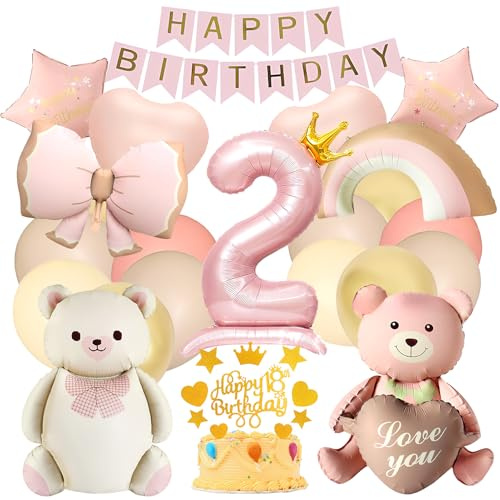 Bär Geburtstagsdeko 2 Jahr Mädchen Set mit Luftballons, Folienballon 2 Geburtstag Mädchen, Herz Stern Regenbogen Schleife und Girlande für Babyparty Kindergeburtstag Rosa