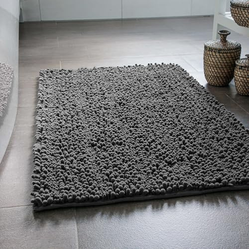 Wecon Home Benno getufteter Badteppich, 60 x 100 cm, grau | weicher Hochflor Chenille Badteppich, rutschfest, maschinenwaschbar, warm & gemutlich