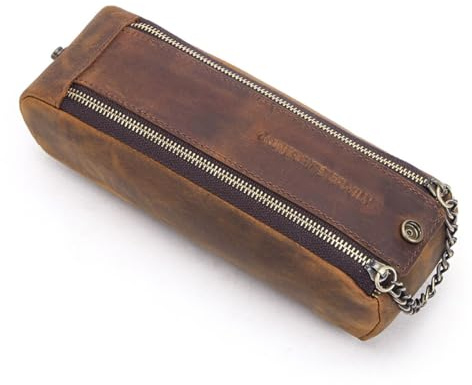 VNLCPX Federtasche Leder Braun, Federmäppchen aus Echtem Büffelleder mit Robustem Metallreißverschluss, Federmappe Leder Vintage für Schule Arbeit und Büro