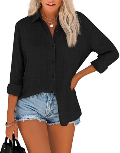 NONSAR Blusa para mujer elegante con cuello, parte superior de manga larga de algodón, blusas casuales y holgadas para mujer, Negro , S