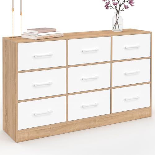IDMarket - Commode 9 tiroirs en Tissu UPPAH 113 cm Meuble de Rangement Bois façon hêtre et Blanc