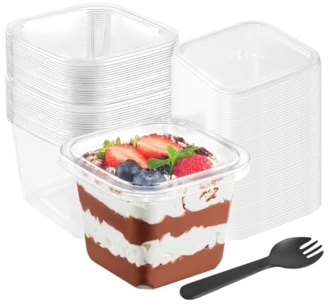 Chingcoo dessertmugg i plast med lock 360 ml, set med 50 dessertburkar med skedar och etiketter, fyrkantiga dessertskålar återanvändbara för Tiramisu Mousse pudding-snacks