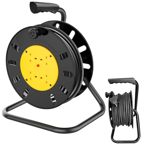 25 Metre Portable Cable Reel Extension Lead - 4-Way Power Sockets, Thermal Cut Out, Ergonomic Handle, Yellow/Black - Heavy Duty Portable Drum Reel Power Extension Cord for Indoor Workshop Utility