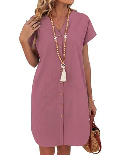Zeagoo Vestido Mujer Verano Manga Corta Vestidos de Lino Casual Cuello en V Playa Vestido Cortos Camisero Vestidos con Bolsillos S-XXL