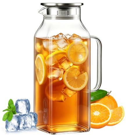 Jarra de cristal de 2 litros, con tapa sellada, fácil de limpiar, resistente al calor, jarra de agua cuadrada para agua fría y caliente, té helado, vino, zumo, té, leche