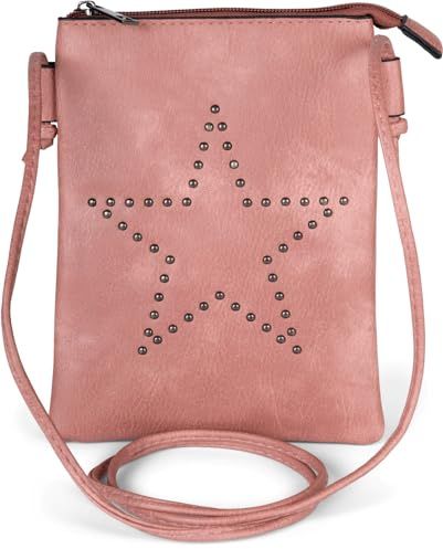 styleBREAKER Damen Mini Umhängetasche Nieten Stern Boho | 14x19 cm Crossbody-Bag, 1 Hauptfach mit Reißverschluss, Steckfach hinten, 130 cm Schulterriemen, Kunstleder.