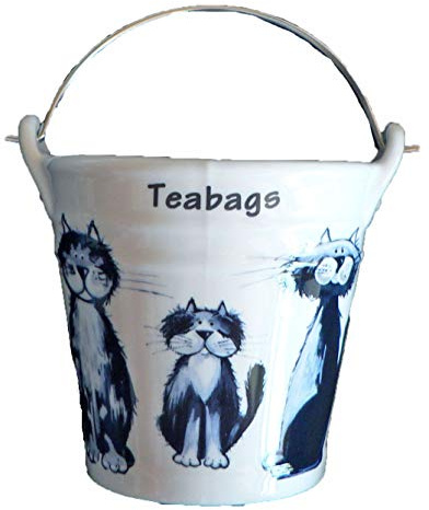 Cats Design (Blue Cats) Bucket Teabag Tidy, Porcelain Bucket Teabag Tidy