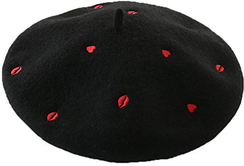 JOYHY Damen Rot Lippen Herzen Bestickt Wolle Französisch Stil Baskenmütze Hut Schwarz