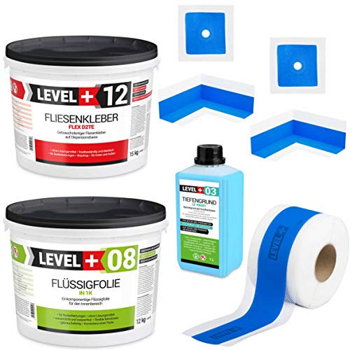 Dichtset Fliesen Flüssigfolie 12Kg Fertig Fliesenkleber 15Kg Tiefengrund 1L Dichtband 10M Innenecken x 2, Wandmanschetten x 2 Dusche Bad Küche SET505
