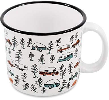 Camco Life is Better at The Campsite Ceramic Coffee Mug - Microwave and Dishwasher Safe - Features Sketched RVs Design - Coffee Cup Holds 14oz. (53383)