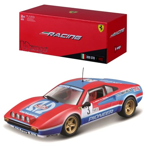 Bburago Ferrari 308GTB '82: Modellauto im Maßstab 1:43, Ferrari Racing Serie, Geschenkbox, 12 cm, rot #3 (18-36304)