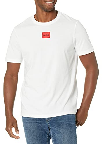HUGO Ribbad herrtröja med rund hals normal passform center logo t-shirt, Kritvit, S