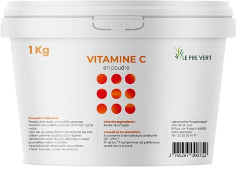 VITAMINE C EN POUDRE 100% pure - Pot 1 KG - Le Pré Vert - Acide L-ascorbique - Energie - Immunité - Antioxydant