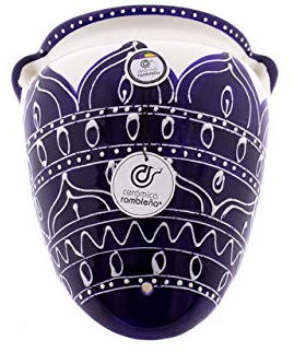 CERÁMICA RAMBLEÑA | Maceta Colgante orza | Maceta de Barro para Colgar | Maceta Pared orza Azul Decorada - Modelo D54 | 100% Decorada a Mano | 18x22x15 cm