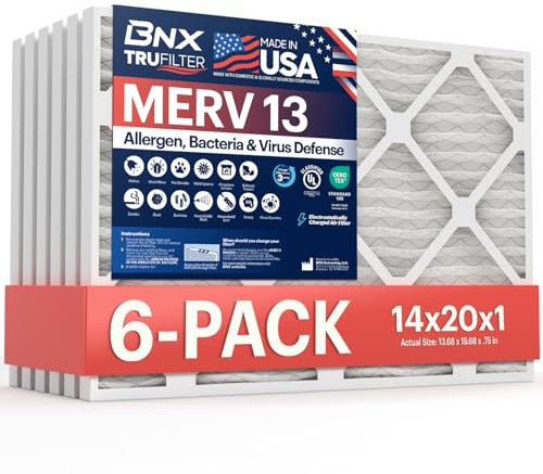 BNX TruFilter 14x20x1 MERV 13 (6-Pack) AC Furnace Air Filter,MADE IN USA,Electrostatic Pleated Air Conditioner HVAC AC Furnace Filters, Bacteria, Smoke (Actual Size: 13 11/16’’x19 11/16’’x3/4‘’)