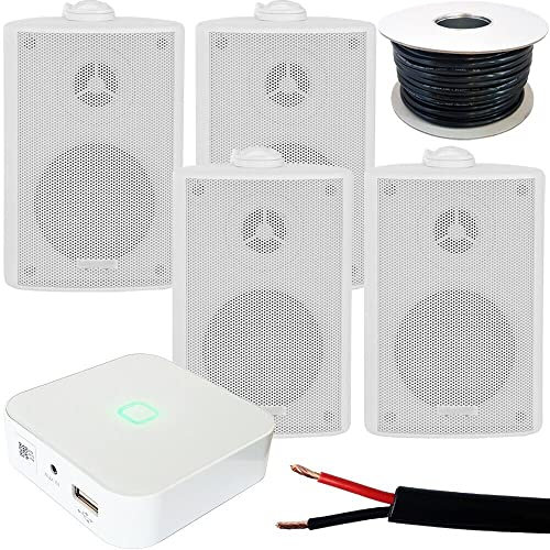 Loops 80W Speaker System - Compact WiFi Stereo Mini Amplifier - 4x 60W 3 White Outdoor Rated Wall Mounted Speaker Kit - App Controlled Wireless Music Streaming Amp