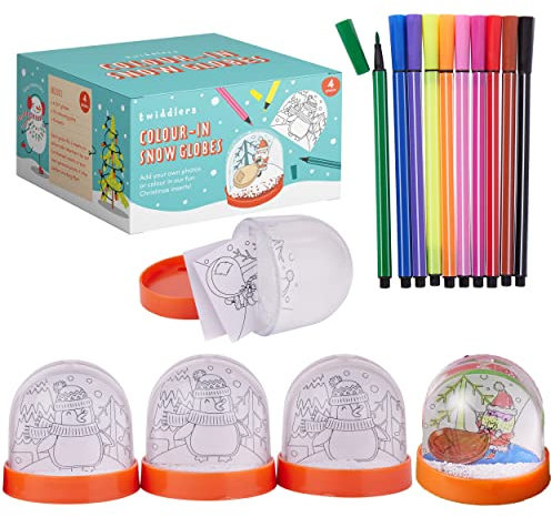 THE TWIDDLERS - 4 DIY Christmas Snowglobes, Christmas Craft Set for Kids with Pens, Xmas Craft Kit for Kids - Stocking Fillers, Activity, Personalised Snow Globe - Make Your Own Snow Globe Kit - 9cm