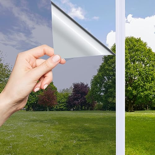 OFHome Fensterfolie Tönungsfolie Sonnenschutz Spiegelfolie, Silber 90x200cm | Selbstklebend, Sichtschutz, Hitzeschutz Fenster, Von Außen Blickdicht, Reflektierende, UV-Schutz, Wärmeschutz, Gegen Hitze