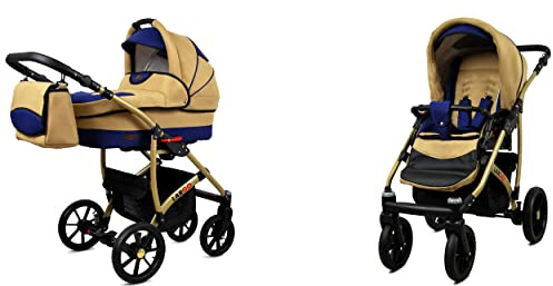 BabyLux Largo 2-in-1 Baby Kinderwagen Tief und Kinderwagen mit Zubehör Verstellbar und faltbar Aluminiumkonstruktion Wasserdicht Nicht abnehmbare Räder Gold Star Gold Frame