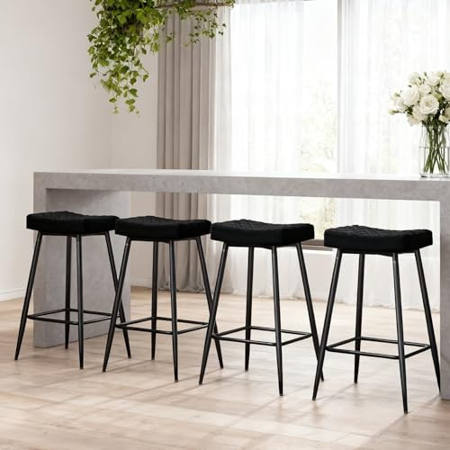 AINPECCA Bar Stools Set of 4-Velvet Black Barstools with Black Metal Legs Kitchen Island Stools, High Bar Chairs for Island Counter, Pub, Bistro