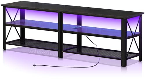 Clikuutory Moderner schwarzer TV-Ständer mit LED-Lichtern und Steckdosen für 40 50 55 60 65 70 Zoll Fernseher, 3-stöckige Holz-TV-Konsole, Entertainment-Center mit offenem Stauraum für Wohnzimmer,