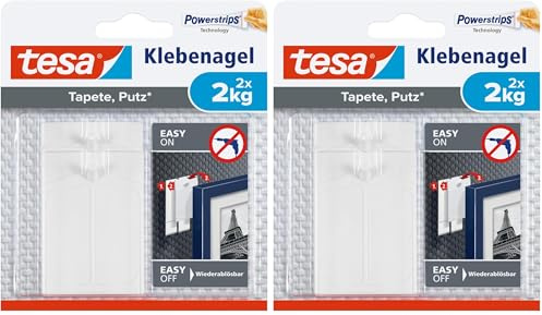 tesa Klebenagel für Tapeten und Putz / Selbstklebende Nägel für empfindliche Oberflächen / Leicht anzubringen und zu entfernen - rückstandslos / 2 x 2kg Halteleistung (Packung mit 2)