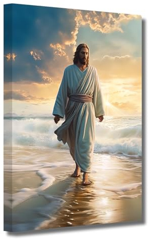 LZIMU Jesus Bild auf Leinwand Jesus geht am Strand Leinwand Bild Gott Poster katholisches Kunstwerk für spirituelle Raum Wanddekoration Gerahmt (3, 30.00x45.00cms)