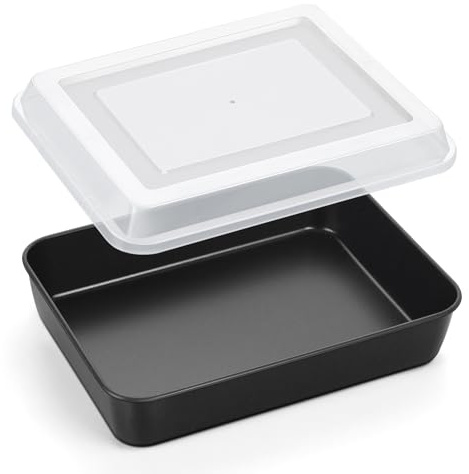 P&P CHEF Toaster Oven Pan with Lid, Nonstick Cake Lasagna Pan Rectangular Tray for Baking Roasting Storing, Stainless Steel Core & Plastic Cover, Oven & Freezer Safe, (10.5 Inch, 2Pcs)
