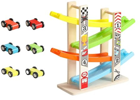 Qianly Holz Autorennbahn Auto Rutschbahn Spielzeug Rennstrecke Starterbahn Lernspiel Aus Holz für Kinderzimmer Interaktive Spiele Familienfeiern, 4 Titel