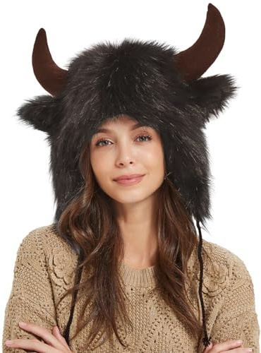 Maciun Bullhornmütze, warmer Plüsch-Hornhut, Wintermütze, flauschige Ohr-Kopfbedeckung für Männer und Frauen für Tier-Cosplay, Pelzhut für den Außenbereich, Kaffee