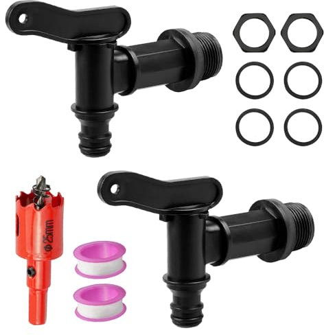 Riisoyu 2 rubinetti di scarico per serbatoi di pioggia, rubinetto di ricambio in plastica da 3/4 pollici, con guarnizione, controdado, nastro di tenuta in plastica, per secchio di pioggia, serbatoio